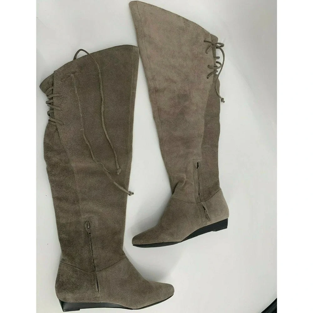 International Concepts INC Women’s Size 6 Knee High Gray Suede Boots Lace Back